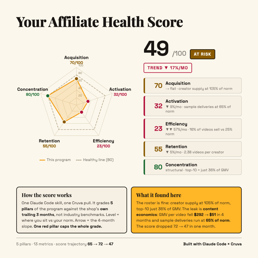 Affiliate health score: five pillars graded against the shop's own trailing three months